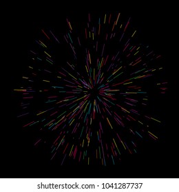 Colorful fireworks Radiating from the center of thin beams, lines. Vector illustration. Dynamic style. Abstract explosion, speed motion lines from the middle, radiating sharp