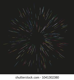 Colorful fireworks Radiating from the center of thin beams, lines. Vector illustration. Dynamic style. Abstract explosion, speed motion lines from the middle, radiating sharp
