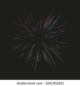 Colorful fireworks Radiating from the center of thin beams, lines. Vector illustration. Dynamic style. Abstract explosion, speed motion lines from the middle, radiating sharp