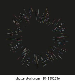 Colorful fireworks Radiating from the center of thin beams, lines. Vector illustration. Dynamic style. Abstract explosion, speed motion lines from the middle, radiating sharp