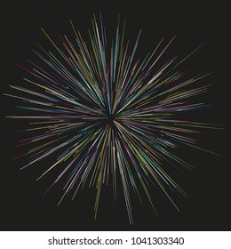Colorful fireworks Radiating from the center of thin beams, lines. Vector illustration. Dynamic style. Abstract explosion, speed motion lines from the middle, radiating sharp