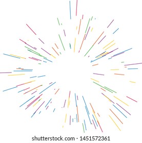 Colorful fireworks Radiating from the center of thin beams, lines. Vector illustration. Dynamic style. Abstract explosion, speed motion lines from the middle, radiating sharp