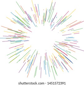 Colorful fireworks Radiating from the center of thin beams, lines. Vector illustration. Dynamic style. Abstract explosion, speed motion lines from the middle, radiating sharp