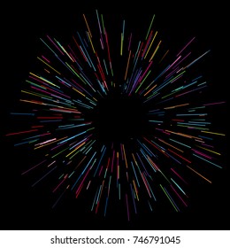 Colorful fireworks Radiating from the center of thin beams, lines. Vector illustration. Dynamic style. Abstract explosion, speed motion lines from the middle, radiating sharp 