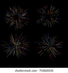 Colorful fireworks Radiating from the center of thin beams, lines. Vector illustration. Dynamic style. Abstract explosion, speed motion lines from the middle, radiating sharp
