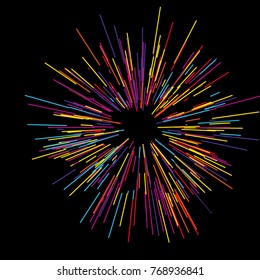 
Colorful fireworks Radiating from the center of thin beams, lines. Vector illustration. Dynamic style. Abstract explosion, speed motion lines from the middle, radiating sharp 