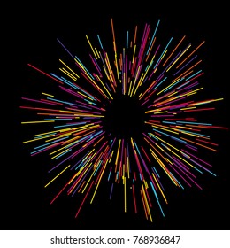 
Colorful fireworks Radiating from the center of thin beams, lines. Vector illustration. Dynamic style. Abstract explosion, speed motion lines from the middle, radiating sharp  