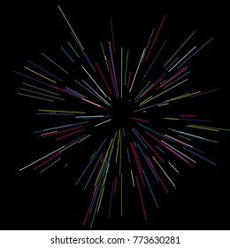 Colorful fireworks Radiating from the center of thin beams, lines. Vector illustration. Dynamic style. Abstract explosion, speed motion lines from the middle, radiating sharp

