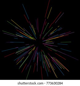 Colorful fireworks Radiating from the center of thin beams, lines. Vector illustration. Dynamic style. Abstract explosion, speed motion lines from the middle, radiating sharp
