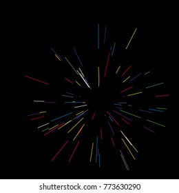 Colorful fireworks Radiating from the center of thin beams, lines. Vector illustration. Dynamic style. Abstract explosion, speed motion lines from the middle, radiating sharp
