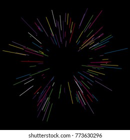Colorful fireworks Radiating from the center of thin beams, lines. Vector illustration. Dynamic style. Abstract explosion, speed motion lines from the middle, radiating sharp
