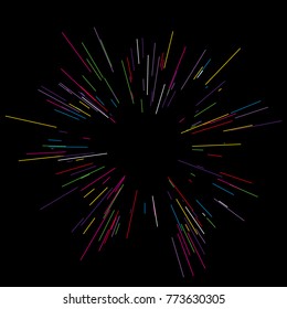 Colorful fireworks Radiating from the center of thin beams, lines. Vector illustration. Dynamic style. Abstract explosion, speed motion lines from the middle, radiating sharp 
