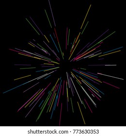 Colorful fireworks Radiating from the center of thin beams, lines. Vector illustration. Dynamic style. Abstract explosion, speed motion lines from the middle, radiating sharp
