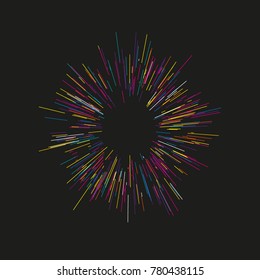 Colorful fireworks Radiating from the center of thin beams, lines. Vector illustration. Dynamic style. Abstract explosion, speed motion lines from the middle, radiating sharp
