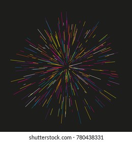 Colorful fireworks Radiating from the center of thin beams, lines. Vector illustration. Dynamic style. Abstract explosion, speed motion lines from the middle, radiating sharp
