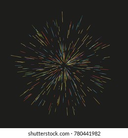 Colorful fireworks Radiating from the center of thin beams, lines. Vector illustration. Dynamic style. Abstract explosion, speed motion lines from the middle, radiating sharp