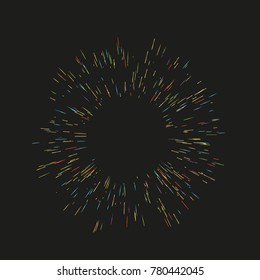 Colorful fireworks Radiating from the center of thin beams, lines. Vector illustration. Dynamic style. Abstract explosion, speed motion lines from the middle, radiating sharp