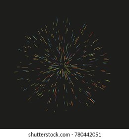 Colorful fireworks Radiating from the center of thin beams, lines. Vector illustration. Dynamic style. Abstract explosion, speed motion lines from the middle, radiating sharp