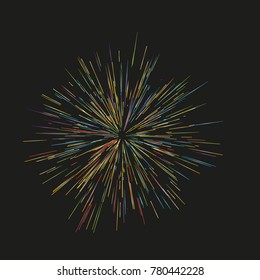 Colorful fireworks Radiating from the center of thin beams, lines. Vector illustration. Dynamic style. Abstract explosion, speed motion lines from the middle, radiating sharp