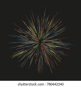 Colorful fireworks Radiating from the center of thin beams, lines. Vector illustration. Dynamic style. Abstract explosion, speed motion lines from the middle, radiating sharp