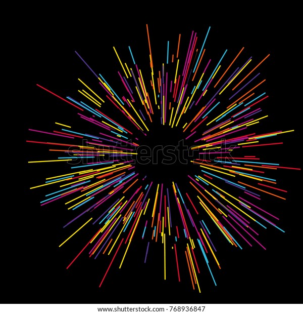 細い梁や線の中心から放射するカラフルな花火 ベクターイラスト 動的スタイル 抽象的な爆発 中央からの速度のモーションライン 鋭い放射 のベクター画像素材 ロイヤリティフリー