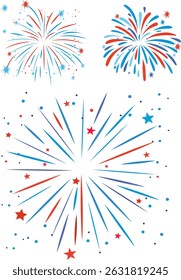 Colorful fireworks in red and blue with star accents, showcasing a celebratory and festive theme in a vector style
