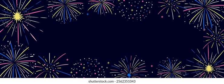 Colorful fireworks set background. Celebration banner template. New year party design. Vector illustration.