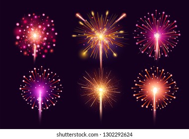 Colorful fireworks set. Bright festive realistic vector fireworks illustration. New Year Christmas firework. Firework explosion, star or stardust. Anniversary celebration bright colors background