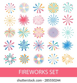 Colorful fireworks set isolated on white background, vector illustration. Holiday and party firework icons collection