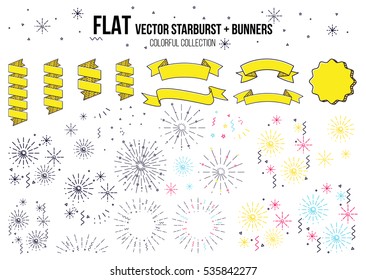 Colorful fireworks set isolated on white background, vector illustration ribbon and firework