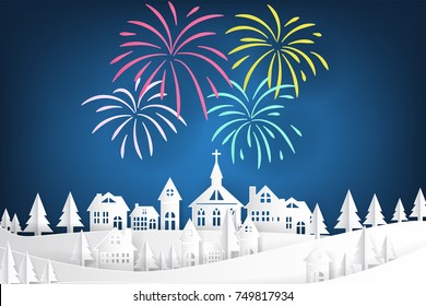 colorful fireworks set on night sky on the village. Concept for Merry Christmas and New Year card in paper art and craft style, Vector illustrative