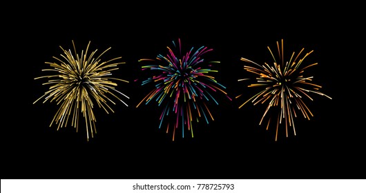 Colorful fireworks shapes set. Vector graphic illustration of firework explosions isolated on black. Decoration elements. Ornament for festive event design