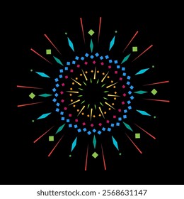 Colorful fireworks spark burst with radiant light. Abstract outburst flare inspired by firecracker explosion on black background. Shining sunray graphic design element