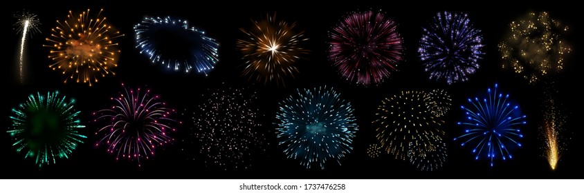 Colorful fireworks. Sparkling firework festive, holiday carnival firecracker explosion bang and abstract burst in night sky for congratulation card design. Realistic 3D vector illustration set