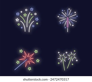 Colorful fireworks. Sparkling firework festive, holiday carnival firecracker explosion bang and abstract burst in night sky for congratulation card design. Realistic 3D vector illustration set.