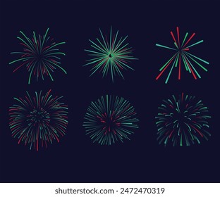 Colorful fireworks. Sparkling firework festive, holiday carnival firecracker explosion bang and abstract burst in night sky for congratulation card design. Realistic 3D vector illustration set.