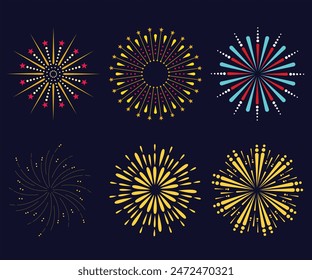 Colorful fireworks. Sparkling firework festive, holiday carnival firecracker explosion bang and abstract burst in night sky for congratulation card design. Realistic 3D vector illustration set.