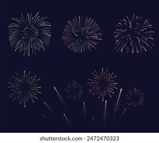 Colorful fireworks. Sparkling firework festive, holiday carnival firecracker explosion bang and abstract burst in night sky for congratulation card design. Realistic 3D vector illustration set.