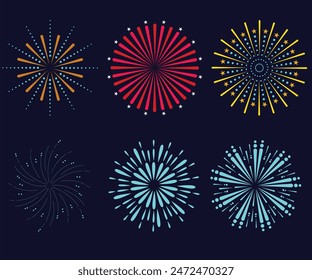Colorful fireworks. Sparkling firework festive, holiday carnival firecracker explosion bang and abstract burst in night sky for congratulation card design. Realistic 3D vector illustration set.