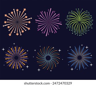 Colorful fireworks. Sparkling firework festive, holiday carnival firecracker explosion bang and abstract burst in night sky for congratulation card design. Realistic 3D vector illustration set.