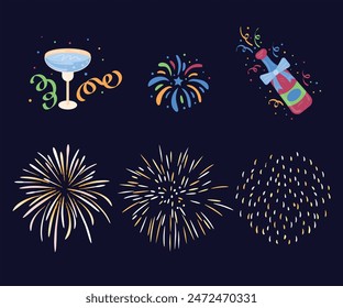Colorful fireworks. Sparkling firework festive, holiday carnival firecracker explosion bang and abstract burst in night sky for congratulation card design. Realistic 3D vector illustration set.