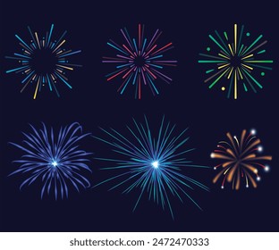 Colorful fireworks. Sparkling firework festive, holiday carnival firecracker explosion bang and abstract burst in night sky for congratulation card design. Realistic 3D vector illustration set.