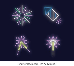Colorful fireworks. Sparkling firework festive, holiday carnival firecracker explosion bang and abstract burst in night sky for congratulation card design. Realistic 3D vector illustration set.
