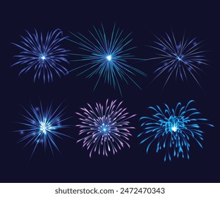 Colorful fireworks. Sparkling firework festive, holiday carnival firecracker explosion bang and abstract burst in night sky for congratulation card design. Realistic 3D vector illustration set.