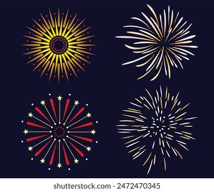 Colorful fireworks. Sparkling firework festive, holiday carnival firecracker explosion bang and abstract burst in night sky for congratulation card design. Realistic 3D vector illustration set.
