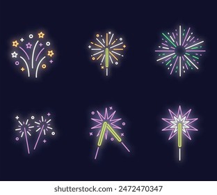 Colorful fireworks. Sparkling firework festive, holiday carnival firecracker explosion bang and abstract burst in night sky for congratulation card design. Realistic 3D vector illustration set.