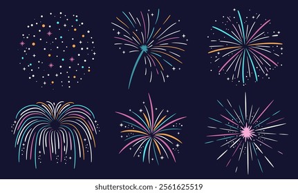 Colorful fireworks and stars hand drawn decor elements collection. Doodle sketch on purple background. Linear vector explosions set.