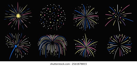 Colorful fireworks and stars. Hand drawn decor elements collection. Doodle sketch on black background. Vector explosions set.