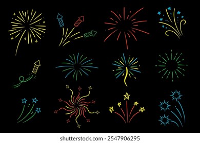 Fogos de artifício coloridos com estrelas e faíscas sobre fundo preto. Conjunto de vetores.