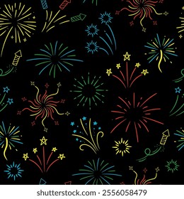 Colorful fireworks with stars and sparks on black background. Vector seamless pattern.